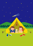 A boy, a girl, and a dog are looking at the stars from a tent.