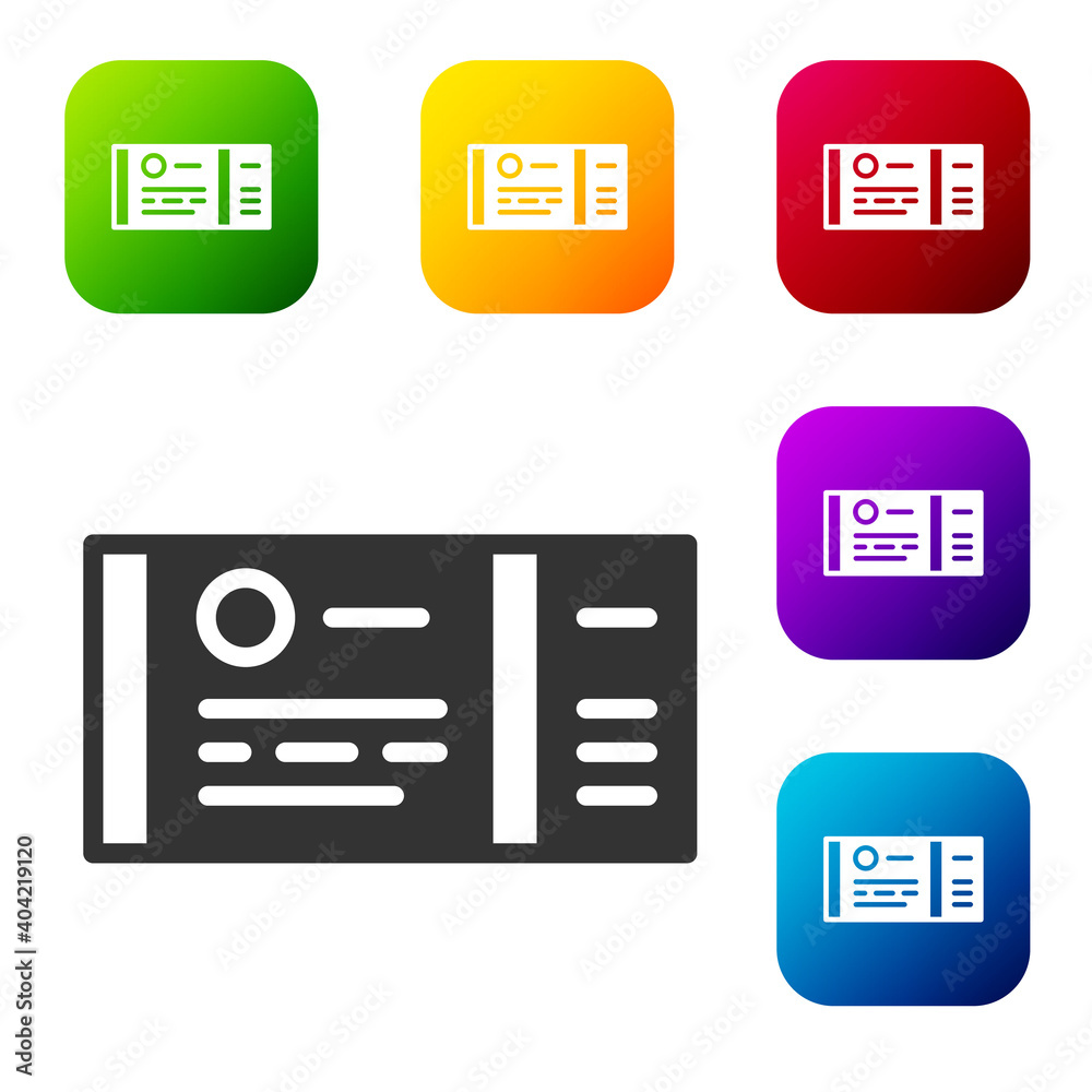 Black Train ticket icon isolated on white background. Travel by railway. Set icons in color square buttons. Vector. Black Train ticket icon isolated on white background. Travel by railway. Set icons in color square buttons. Vector.