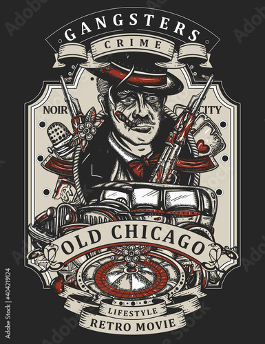 Criminal mafia boss portrait. Gangster leader. Retro cinema art. Crime man smokes cigar, gangster car, casino roulette, weapons, playing cards. Old noir detective movie concept