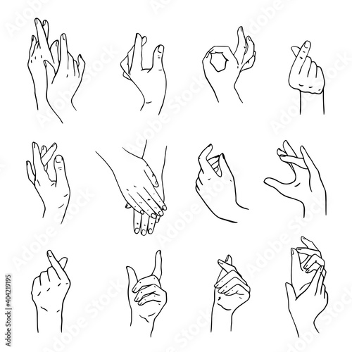 set of realistic gestures hand shape. isolated on white. Geskin's hand movements. a sign of love. tenderness. a linear pattern. hand drawing