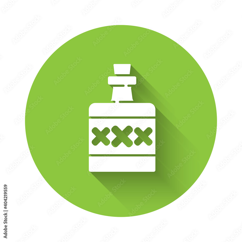 White Alcohol drink Rum bottle icon isolated with long shadow. Green circle button. Vector. White Alcohol drink Rum bottle icon isolated with long shadow. Green circle button. Vector.