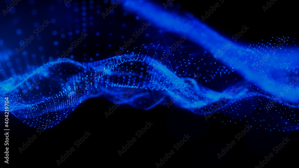 Sound Wave Vizualisation concept. Music audio frequencies represented as High Tech Futuristic Particle Waves. Abstract background. 3D render Sound Wave Vizualisation concept. Music audio frequencies represented as High Tech Futuristic Particle Waves. Abstract background. 3D render