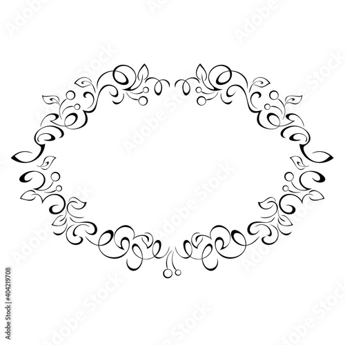 frame 76. decorative symmetrical oval frame with vignettes, stylized leaves and berries black lines on a white background