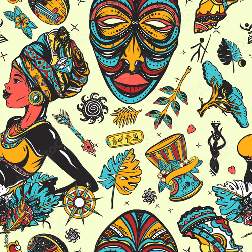 Africa seamless pattern. African woman in traditional turban, tribal mask, kalimba drum. Ethnic afro girl. Tradition and culture background. Tattoo art