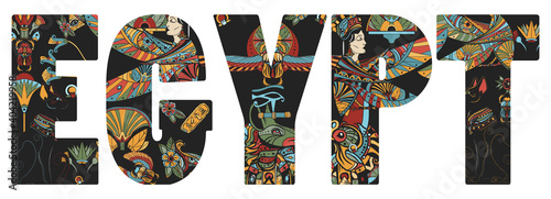 Egypt slogan. Egyptian culture and religion art. Ancient history and culture. God Ra, Anubis, scarab, black cats, eye Horus. Traditional tattooing style