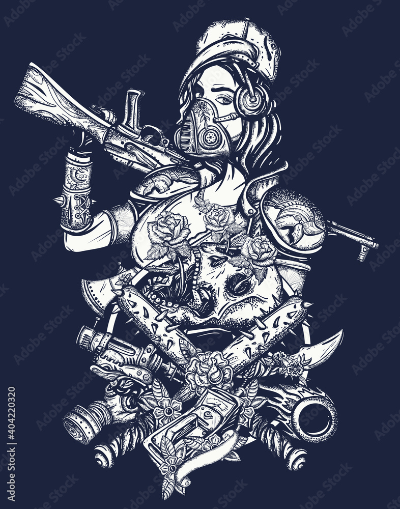 Post apocalyptic style woman warrior. Bad girl. Soldier in gas mask.  Skulls, roses, baseball bats with spikes. Game art. Survival people. Dark  crime future, tattoo and t-shirt design. One color vector Stock