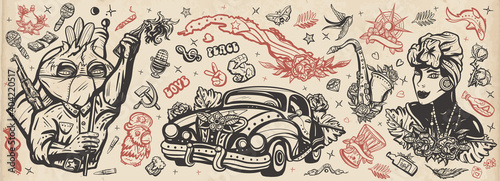 Cuba old school tattoo vector collection. Havana retro cars. Revolutionary communist, map, cuban woman, cigar, rum. Traditional tattooing style. History and culture. Island of freedom concept