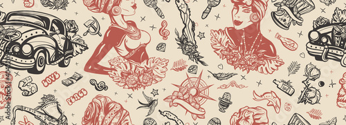 Cuba seamless pattern. Havana retro cars. Beautiful cuban woman, cigar, rum. History and culture. Island of freedom concept. Traditional tattooing background