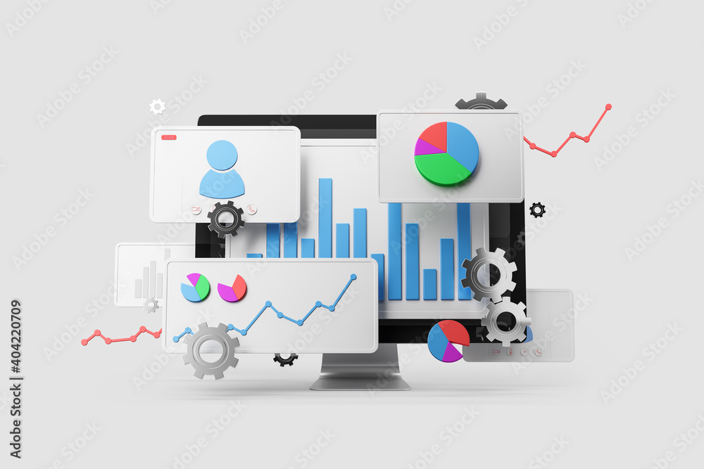 Computer with graphs and diagrams over white background Computer with graphs and diagrams over white background