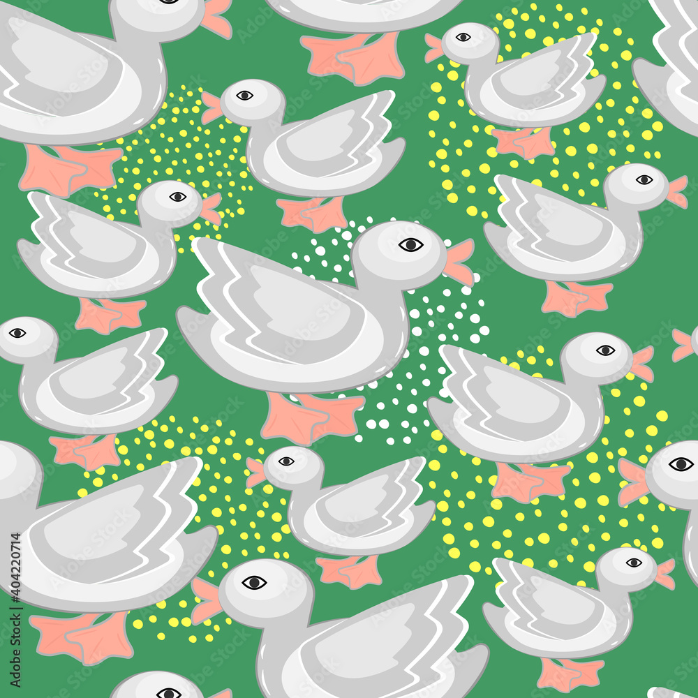 Seamless pattern with cute Ducklings and polka dot shapes.  Creative childish texture in yellow and green.Animal endless background.Great For Fabric Textile.Vector illustration.