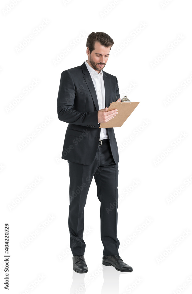 Young European businessman with clipboard, isolated Young European businessman with clipboard, isolated