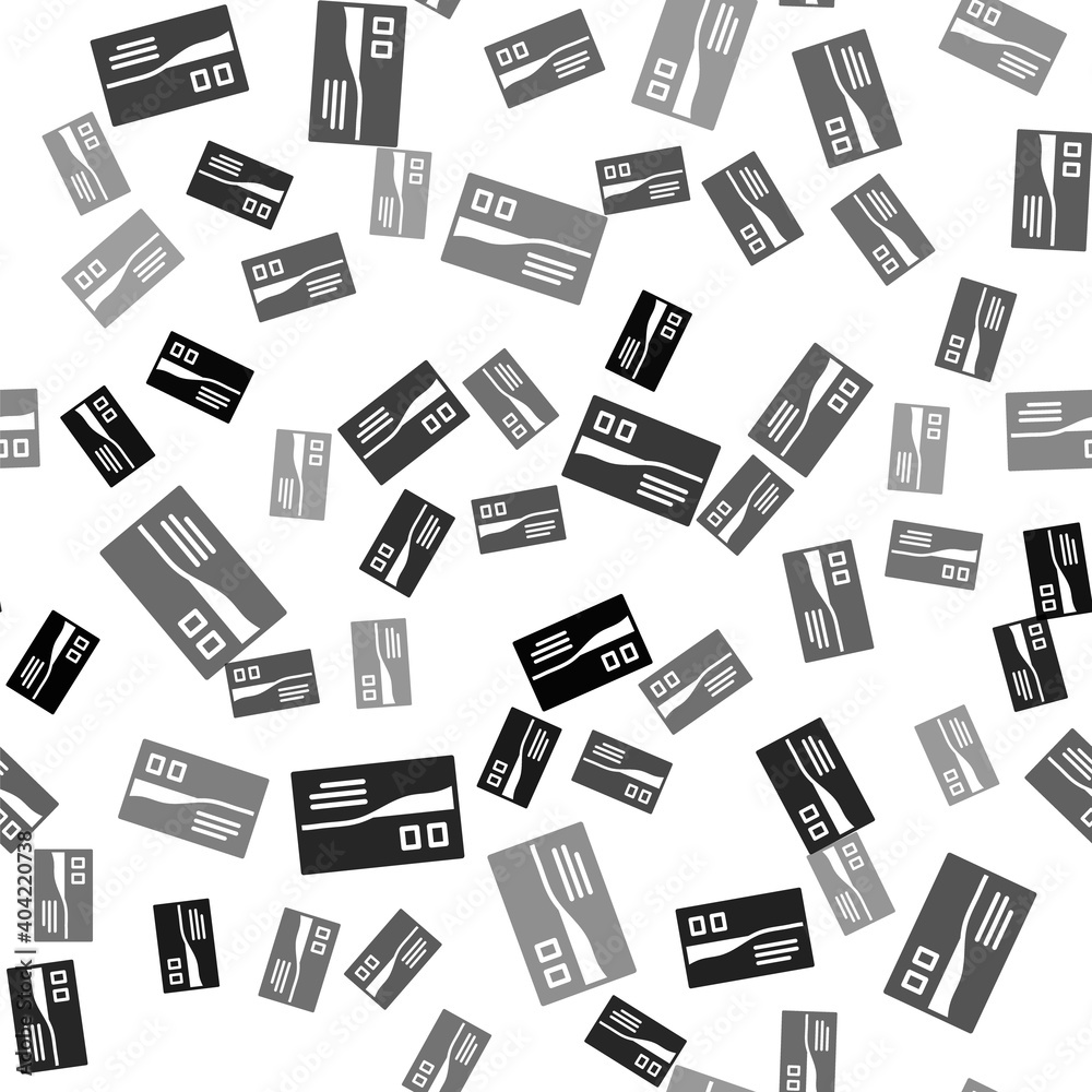 Black Postcard travel icon isolated seamless pattern on white background. Vector.