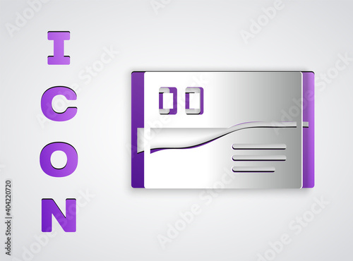 Paper cut Postcard travel icon isolated on grey background. Paper art style. Vector.