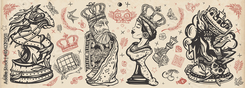 Chess old school tattoo vector collection. Cartoon figures. Checkmate concept. Traditional tattooing style. White king and black queen. Gambit. Pieces, board game. Fiery knight and burning rook