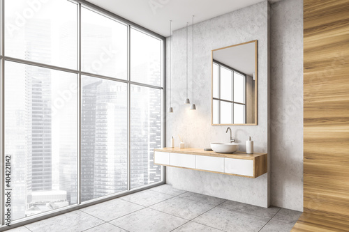 Wooden and white bathroom with shower, sink and mirror near big window