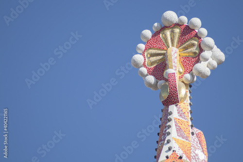 BARCELONA, SPAIN-NOVEMBER 23, 2019: Basílica de la Sagrada Família, Pinnacle of the tower of the Passion facade, close up (copy space)