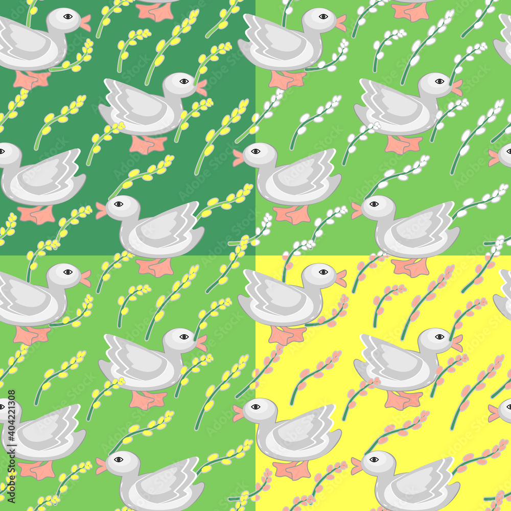 Seamless pattern with cute Ducklings and wildflowers. Four Color Options. Creative childish texture in yellow and green.Animal endless background.Great For Fabric Textile.Vector illustration.