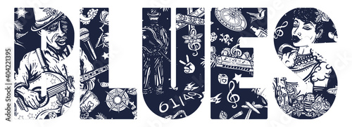 Blues slogan. Musical legend, crossroads and devil. Elderly Afro American bluesman playing slide guitar. Beautiful black jazz woman, saxophone. Old school music tattoo vector style