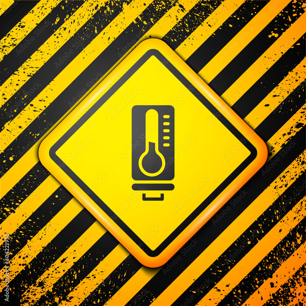 Black Meteorology thermometer measuring heat and cold icon isolated on yellow background. Thermometer equipment showing hot or cold weather. Warning sign. Vector. Black Meteorology thermometer measuring heat and cold icon isolated on yellow background. Thermometer equipment showing hot or cold weather. Warning sign. Vector.