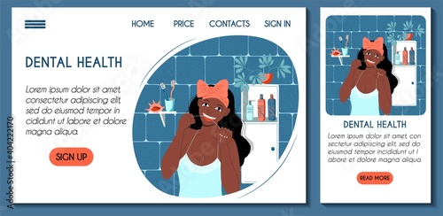 Web site mobile app template. Dental health daily routine. Young african dark skinned woman flossing her teeth in the bathroom. Stock vector flat concept illustration for landing page ui ux design.