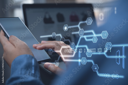 Digital banking, internet payment via mobile app, online shopping, E-commerce, FinTech Financial Technology concept. photo