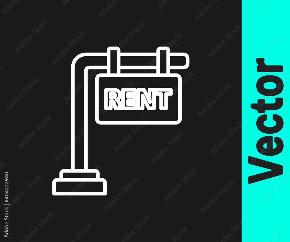 White line Hanging sign with text Rent icon isolated on black background. Signboard with text For Rent. Vector Illustration. White line Hanging sign with text Rent icon isolated on black background. Signboard with text For Rent. Vector Illustration.