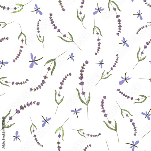 Floral seamless background with sprigs of lavender. Useful for creating postcards, invitations, posters, garment decoration and other designs.