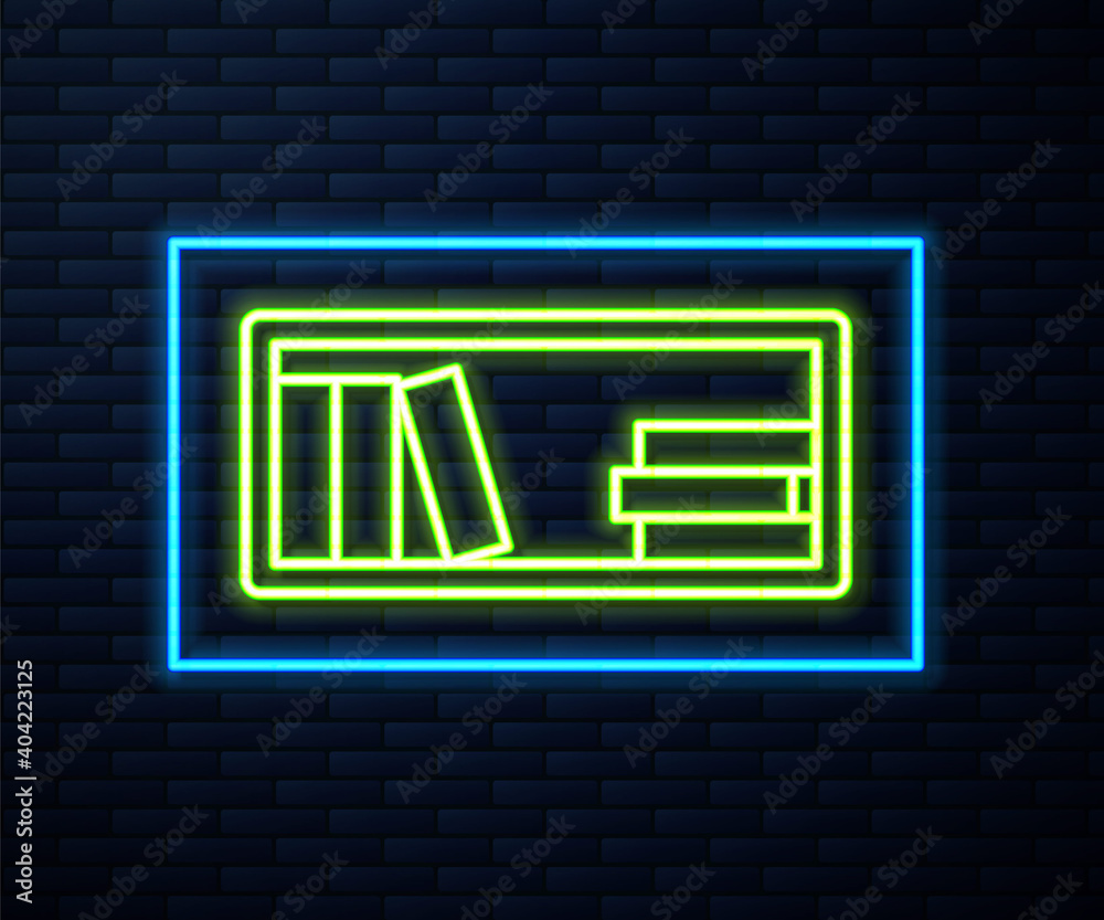 Glowing neon line Shelf with books icon isolated on brick wall background. Shelves sign. Vector Illustration. Glowing neon line Shelf with books icon isolated on brick wall background. Shelves sign. Vector Illustration.