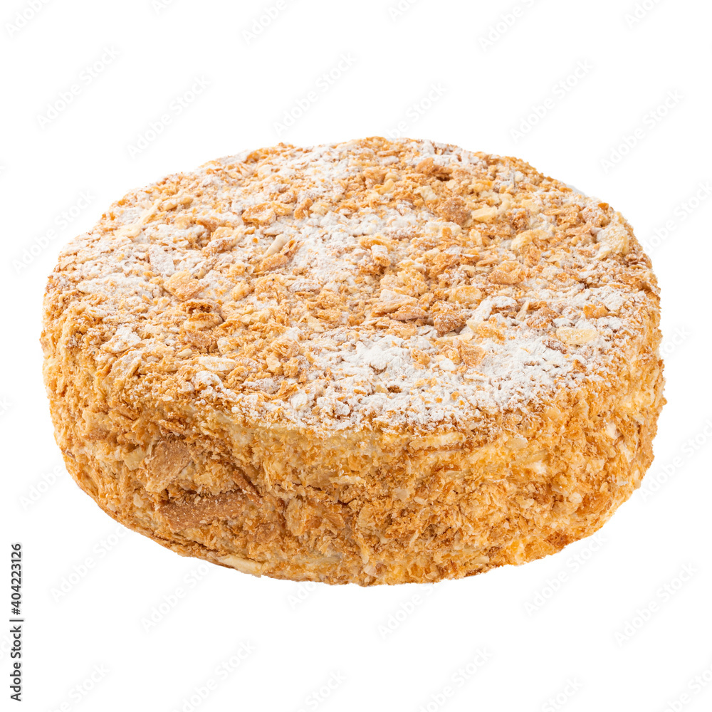 Isolated napoleon layered cake with powdered sugar on the white background Isolated napoleon layered cake with powdered sugar on the white background