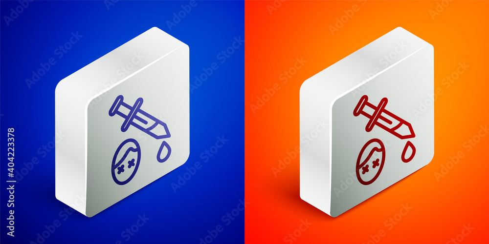 Isometric line Sword with blood icon isolated on blue and orange background. Medieval weapons knight and soldier. Symbol of murder. Silver square button. Vector.