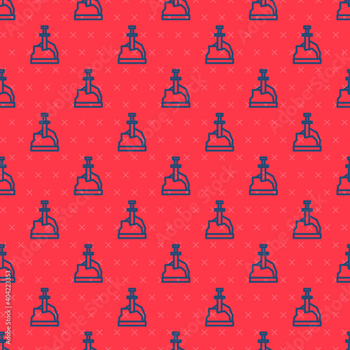 Blue line Sword in the stone icon isolated seamless pattern on red background. Excalibur the sword in the stone from the Arthurian legends. Vector.