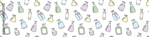 antiseptics seamless pattern.Antiseptic spray pattern for wrapping paper. Seamless pattern of spray plastic bottles. Liquid sanitizer hand gel. Аntiseptic in pump bottle seamless pattern background.