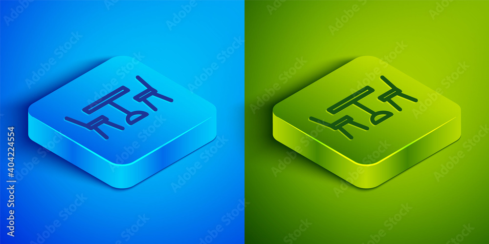 Isometric line Picnic table with chairs on either side of the table icon isolated on blue and green background. Square button. Vector. Isometric line Picnic table with chairs on either side of the table icon isolated on blue and green background. Square button. Vector.