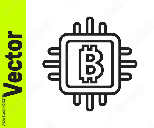 Black line CPU mining farm icon isolated on white background. Bitcoin sign inside processor. Cryptocurrency mining community. Digital money. Vector.