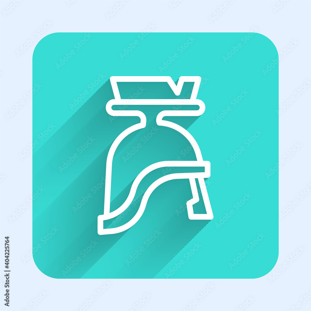 White line Roman army helmet icon isolated with long shadow. Green square button. Vector. White line Roman army helmet icon isolated with long shadow. Green square button. Vector.