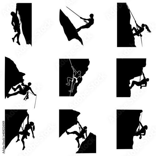 Rock climbing silhouette man and woman, climb to mountain with rope photo