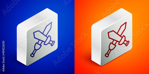 Isometric line Crossed medieval sword icon isolated on blue and orange background. Medieval weapon. Silver square button. Vector.