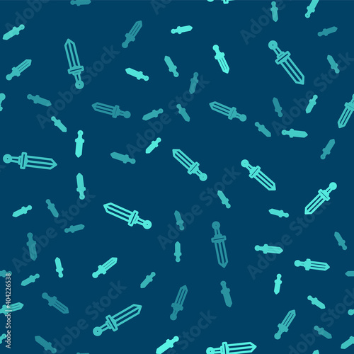 Green line Medieval sword icon isolated seamless pattern on blue background. Medieval weapon. Vector.