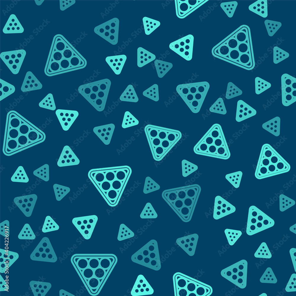 Green line Billiard balls in a rack triangle icon isolated seamless pattern on blue background. Vector. Green line Billiard balls in a rack triangle icon isolated seamless pattern on blue background. Vector.