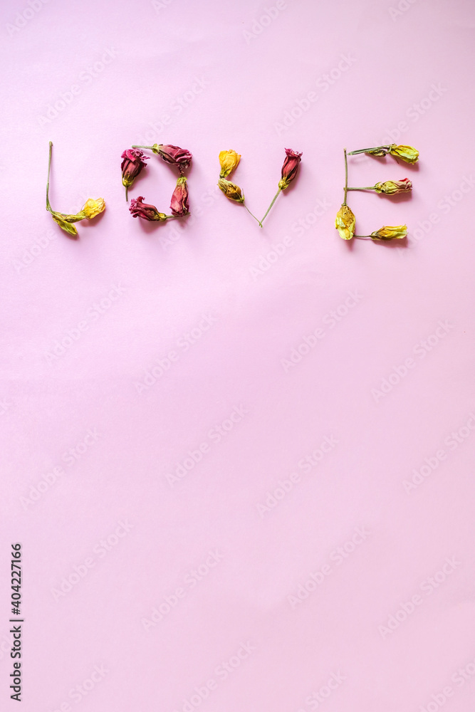 Flower font word love made of Real withered flowers. Flora font for valenine day at pink background. Copyspace