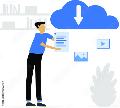 Cloud Backup. Man Downloading Files in Cloud Storage. Concept of Cloud Storage. Modern vector illustration concept. Backup concept. Network cloud service.