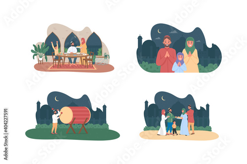 Muslim culture 2D vector web banner, poster set. Ramadan kareem. Indian people flat characters on cartoon background. Arabian religious traditions printable patch, colorful web element collection