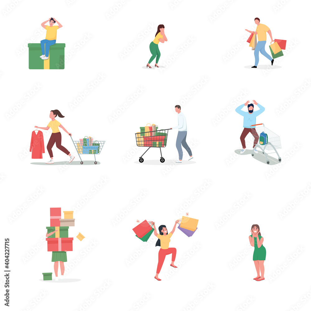 Black friday shopping flat color vector faceless characters set. Crazy shoppers with present boxes, bags. Seasonal sale isolated cartoon illustration for web graphic design and animation collection