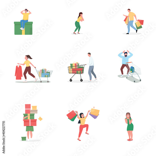 Black friday shopping flat color vector faceless characters set. Crazy shoppers with present boxes, bags. Seasonal sale isolated cartoon illustration for web graphic design and animation collection