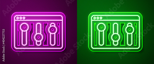 Glowing neon line Browser setting icon isolated on purple and green background. Adjusting, service, maintenance, repair, fixing. Vector.
