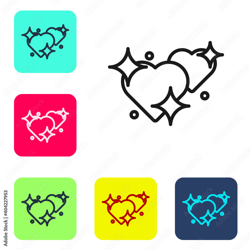 Black line Two Linked Hearts icon isolated on white background. Romantic symbol linked, join, passion and wedding. Valentine day symbol. Set icons in color square buttons. Vector. Black line Two Linked Hearts icon isolated on white background. Romantic symbol linked, join, passion and wedding. Valentine day symbol. Set icons in color square buttons. Vector.