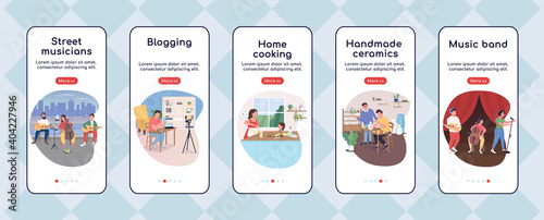 Creative hobby onboarding mobile app screen flat vector template. Doing things that you love. Walkthrough website steps with characters. UX, UI, GUI smartphone cartoon interface, case prints set