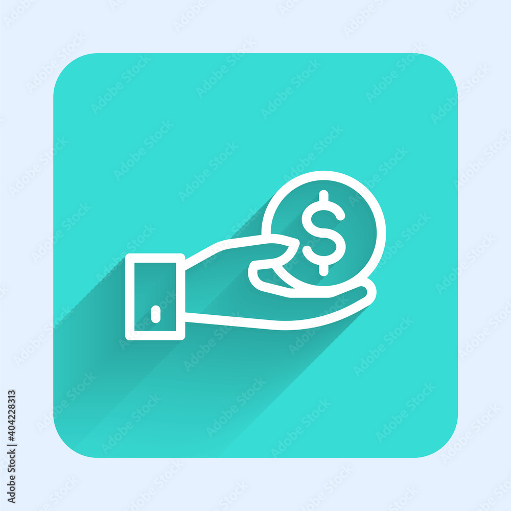 White line Human hand giving money icon isolated with long shadow. Receiving money icon. Green square button. Vector. White line Human hand giving money icon isolated with long shadow. Receiving money icon. Green square button. Vector.