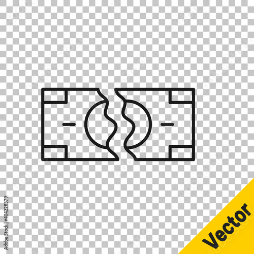 Black line Tearing apart money banknote into two peaces icon isolated on transparent background. Vector.
