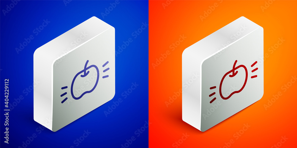 Isometric line Apple icon isolated on blue and orange background. Fruit with leaf symbol. Silver square button. Vector. Isometric line Apple icon isolated on blue and orange background. Fruit with leaf symbol. Silver square button. Vector.